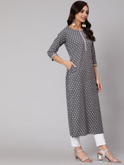 Women Grey Printed Straight kurta With Three Quarter Sleeves