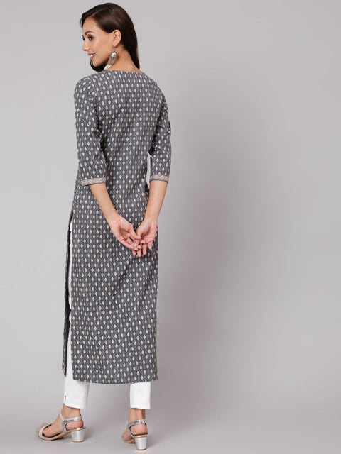 Women Grey Printed Straight kurta With Three Quarter Sleeves