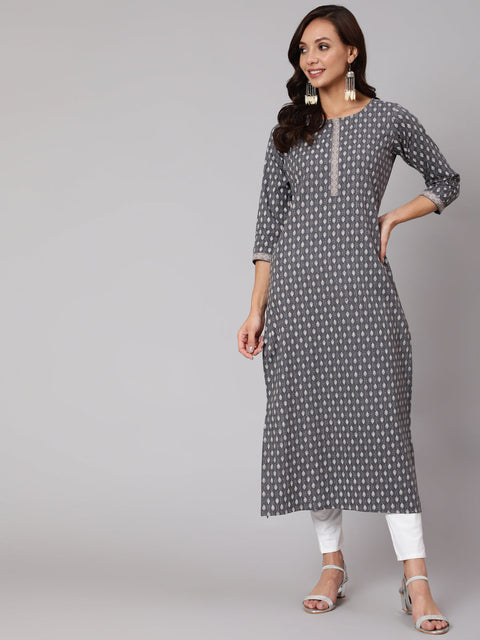 Women Grey Printed Straight kurta With Three Quarter Sleeves