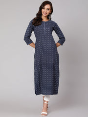 Women Blue Printed Straight kurta With Three Quarter Sleeves