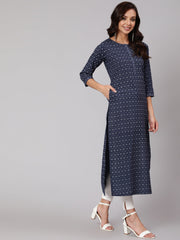 Women Blue Printed Straight kurta With Three Quarter Sleeves