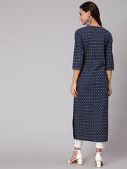 Women Blue Printed Straight kurta With Three Quarter Sleeves