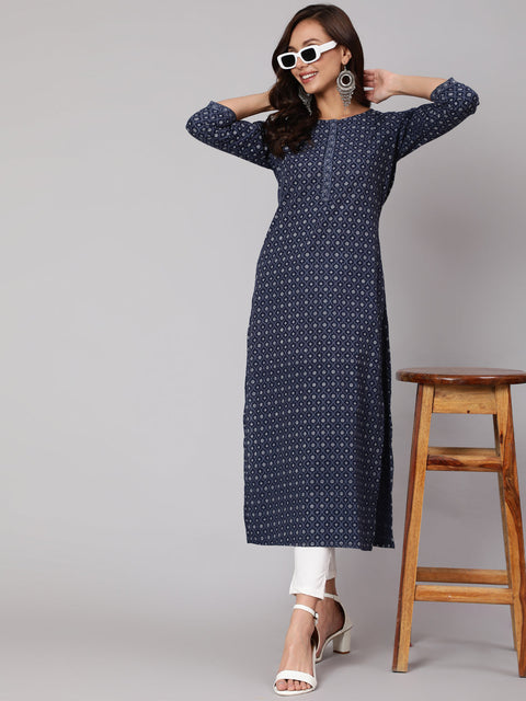 Women Blue Printed Straight kurta With Three Quarter Sleeves