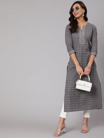 Women Grey Printed Straight kurta With Three Quarter Sleeves