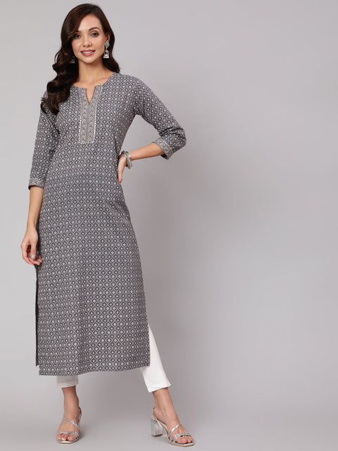 Women Grey Printed Straight kurta With Three Quarter Sleeves