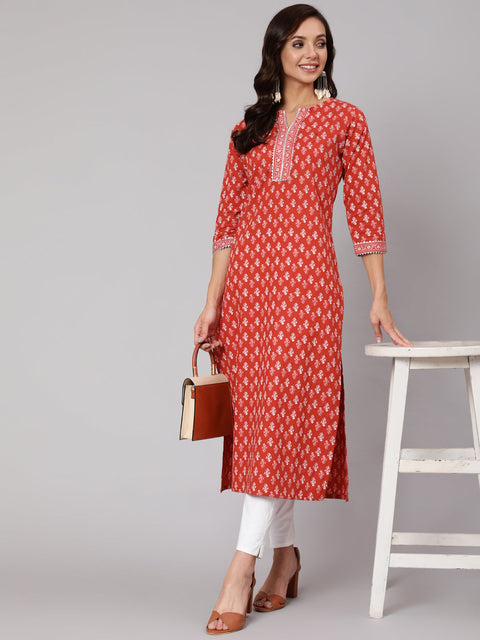 Women Rust Ethnic Printed Straight Kurta With Three Quarter Sleeves