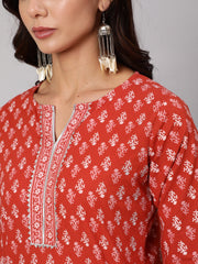 Women Rust Ethnic Printed Straight Kurta With Three Quarter Sleeves