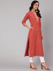 Women Rust Ethnic Printed Straight Kurta With Three Quarter Sleeves