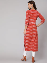 Women Rust Ethnic Printed Straight Kurta With Three Quarter Sleeves