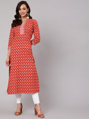 Women Rust Ethnic Printed Straight Kurta With Three Quarter Sleeves