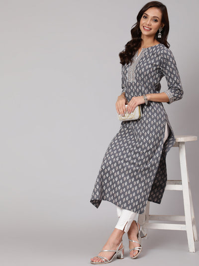 Women Grey Printed Straight kurta With Three Quarter Sleeves