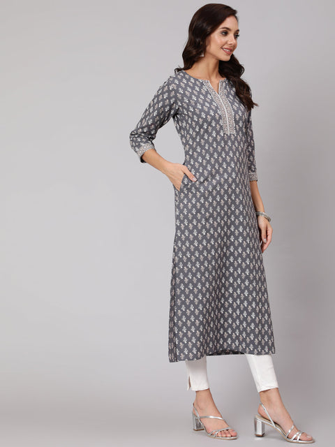 Women Grey Printed Straight kurta With Three Quarter Sleeves
