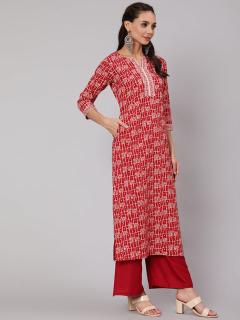 Women Red Geometric Printed Straight Kurta With Three Quarter Sleeves