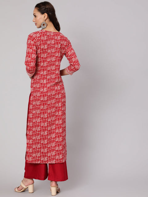 Women Red Geometric Printed Straight Kurta With Three Quarter Sleeves