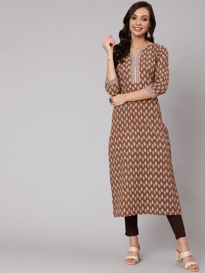 Women Brown Printed Straight kurta With Three Quarter Sleeves