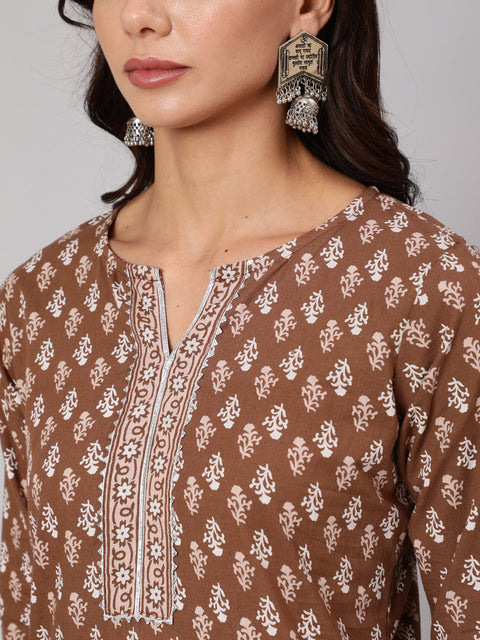 Women Brown Printed Straight kurta With Three Quarter Sleeves