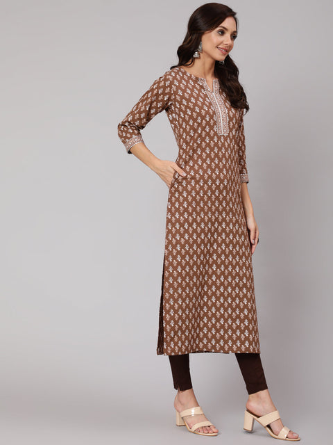 Women Brown Printed Straight kurta With Three Quarter Sleeves