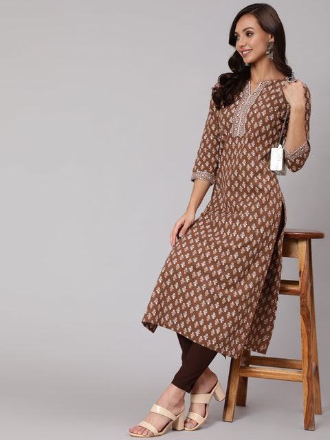 Women Brown Printed Straight kurta With Three Quarter Sleeves