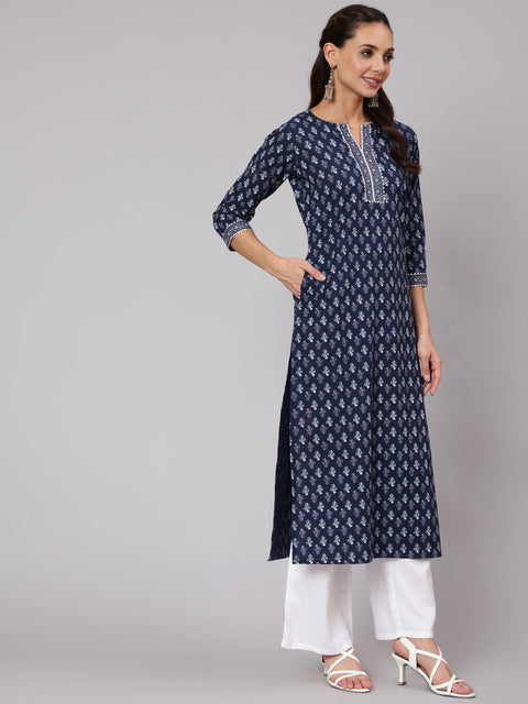 Women Blue Printed Straight kurta With Three Quarter Sleeves