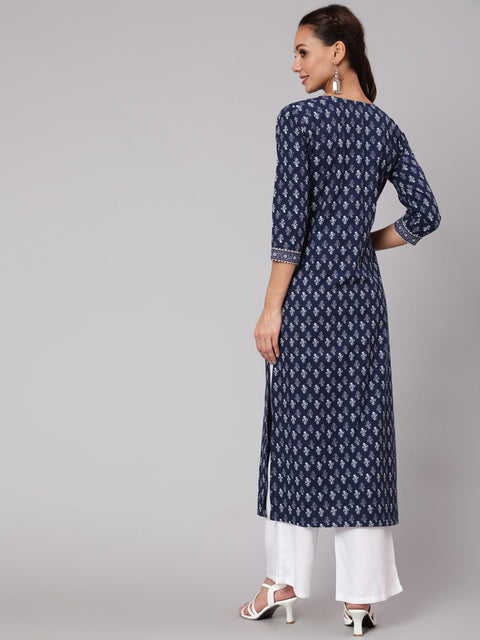 Women Blue Printed Straight kurta With Three Quarter Sleeves