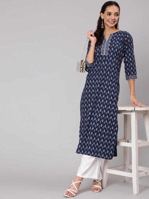 Women Blue Printed Straight kurta With Three Quarter Sleeves