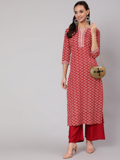 Women Red Geometric Printed Straight Kurta With Three Quarter Sleeves