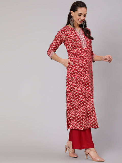 Women Red Geometric Printed Straight Kurta With Three Quarter Sleeves