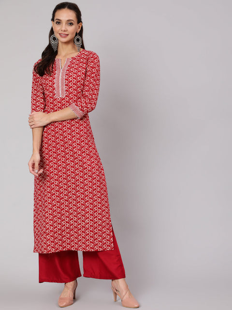 Women Red Geometric Printed Straight Kurta With Three Quarter Sleeves