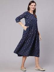 Women Blue & Gold Printed Dress With Three Quarter Sleeves