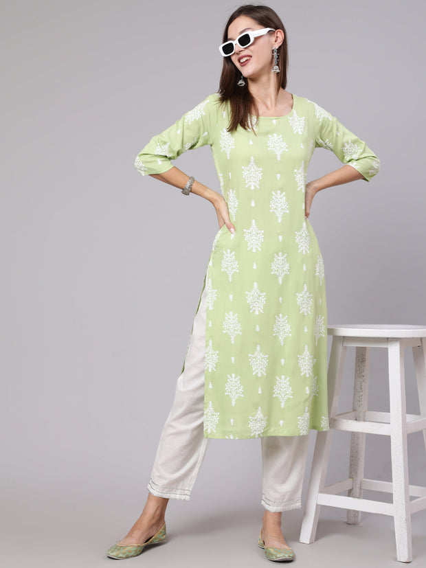 Women Green Printed Straight kurta With Three Quarter Sleeves