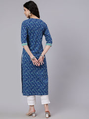Women Blue Printed Straight kurta With Three Quarter Sleeves