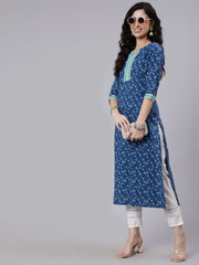 Women Blue Printed Straight kurta With Three Quarter Sleeves