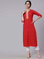 Women Red Printed Straight kurta With Three Quarter Sleeves