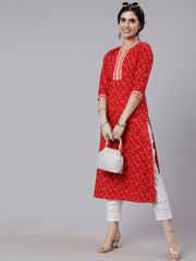 Women Red Printed Straight kurta With Three Quarter Sleeves