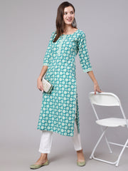 Women Blue Printed Straight kurta With Three Quarter Sleeves