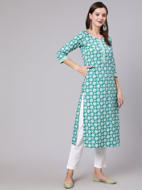 Women Blue Printed Straight kurta With Three Quarter Sleeves