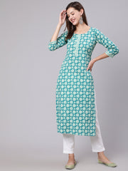 Women Blue Printed Straight kurta With Three Quarter Sleeves