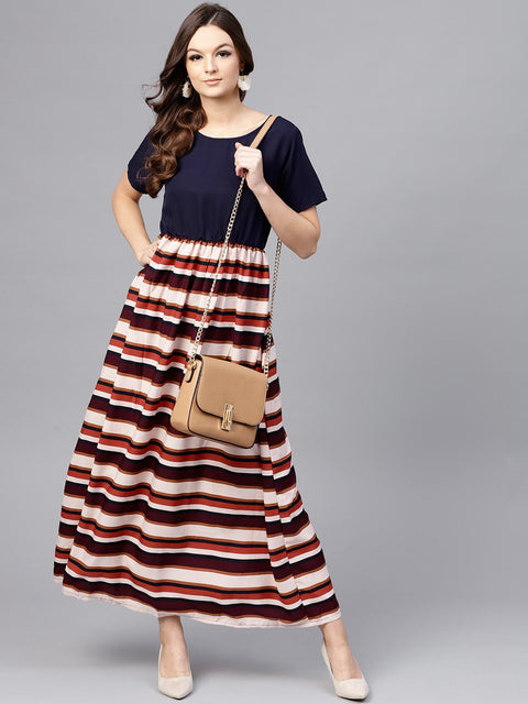 Multi Colored Maxi dress with round neck and Half sleeves