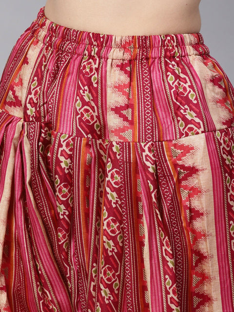 Red half sleeve printed cotton kurta with printed palazzo and dupatta