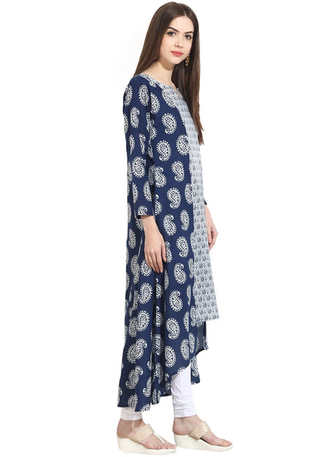 Blue indigo theme printed 3/4th sleeve assymetrical rayon kurta