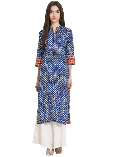 Indigo Blue Printed 3/4th Sleeve cotton Kurta