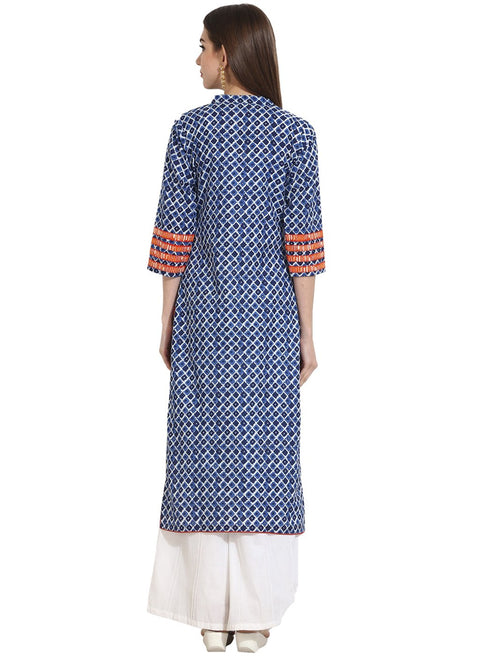 Indigo Blue Printed 3/4th Sleeve cotton Kurta