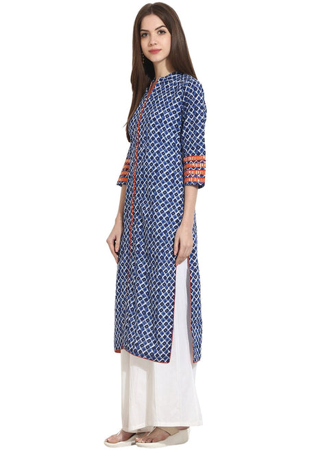 Indigo Blue Printed 3/4th Sleeve cotton Kurta