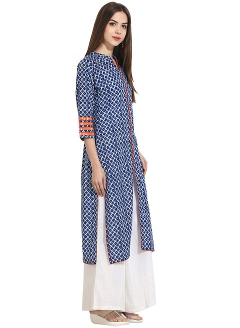 Indigo Blue Printed 3/4th Sleeve cotton Kurta