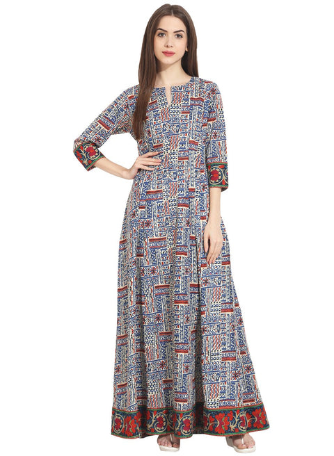 Nayo Women Printed Multi Three Quarter Sleeve Round Neck Cotton A-line Kurta