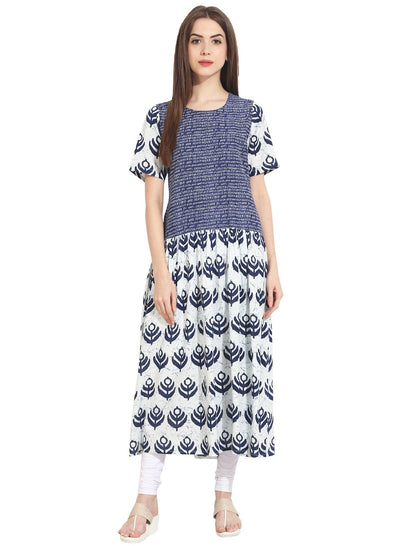 Nayo Women Blue printed half Sleeve cotton Kurta