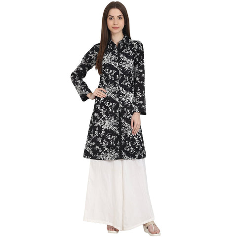 Black printed full sleeve front open cotton Tunics