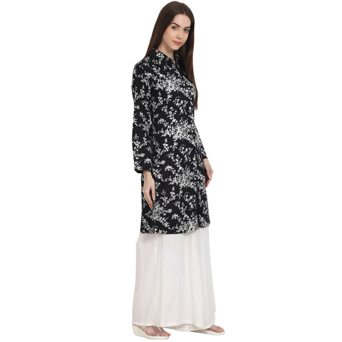 Black printed full sleeve front open cotton Tunics