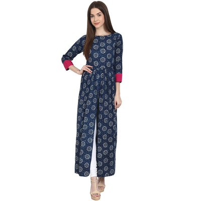 Nayo Women Printed Blue Three-Quarter Sleeves Round Neck Cotton A-Line Kurta