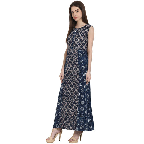 Blue printed sleevless rayon kurta